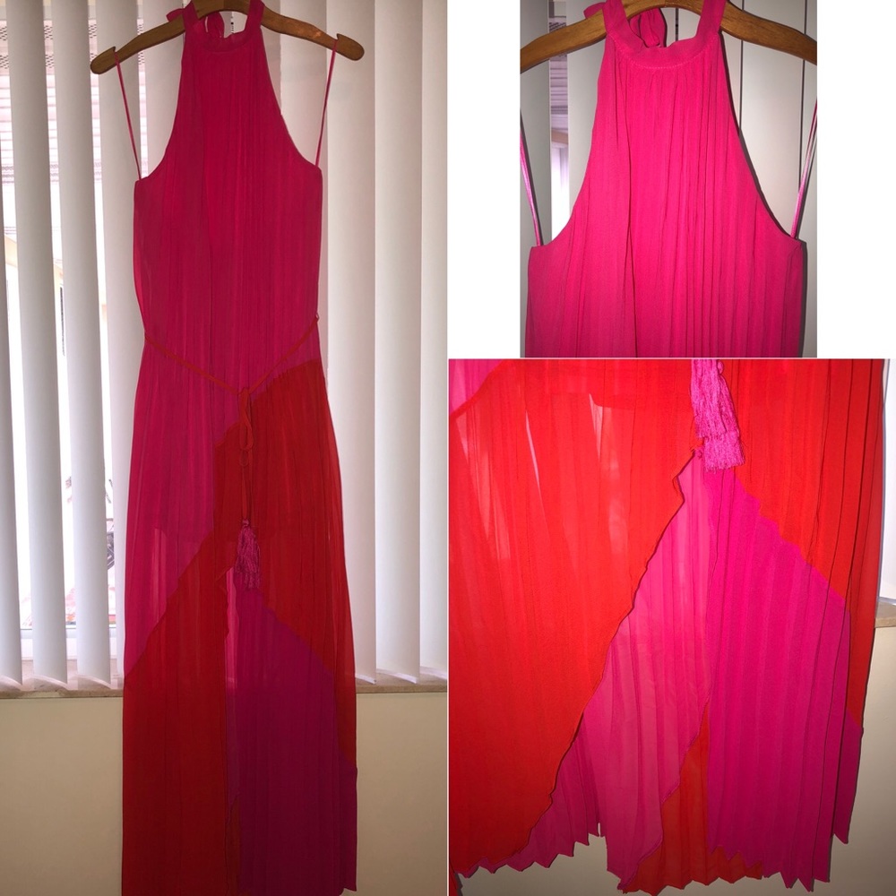 Women's Pink & Red Pleated Maxi Dress - Halter Neck